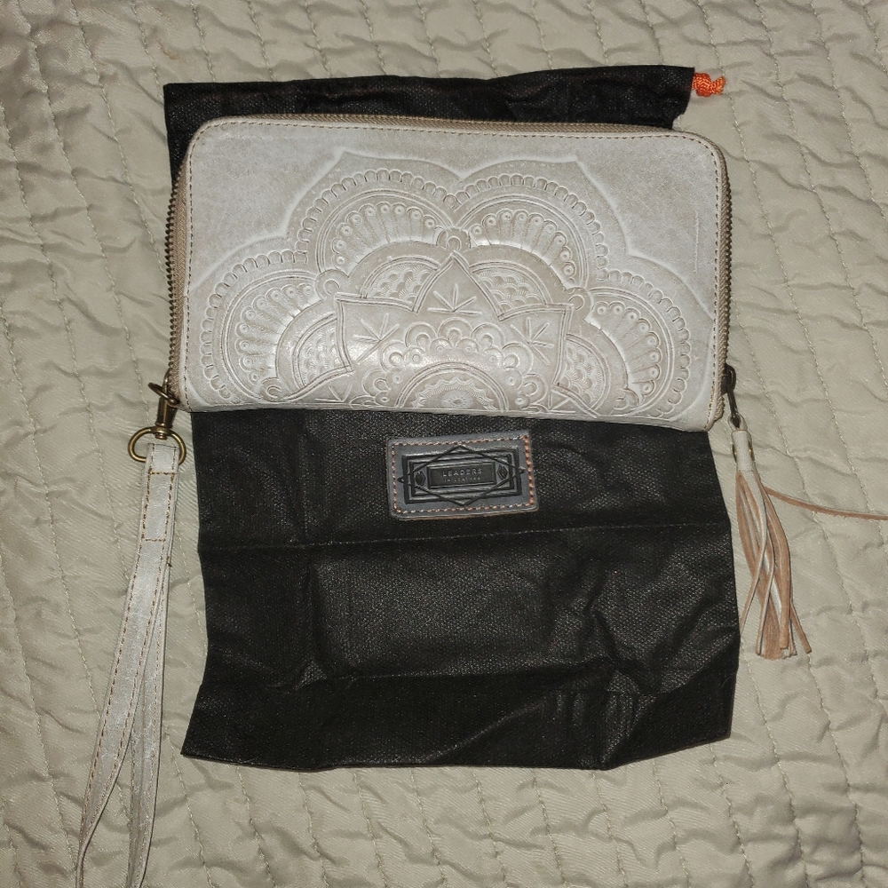 Leaders In Leather Bohemian Embossed White Wristlet Clutch